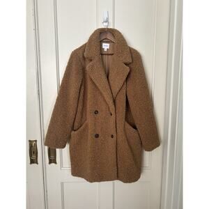 Nine West Fuzzy Teddy Double Breasted Coat Womens Size XL Brown Cozy Warm